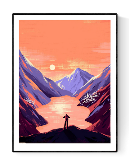 Minimalist mountain landscape art print — hiker with backpack overlooking a glowing orange lake between dramatic purple peaks at sunset, modern travel-inspired wall decor by illustrator Linde Raats