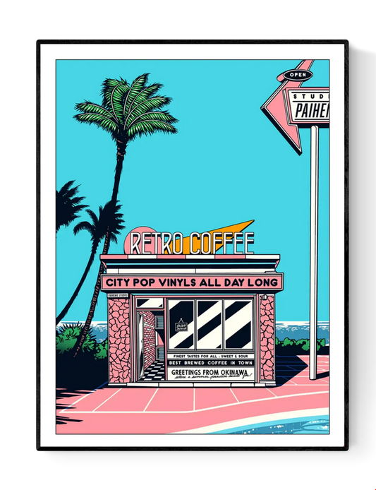 Japanese retro art print by Paiheme Studio featuring a colorful coffee shop inspired by Okinawa, palm trees, neon signs and city pop vinyls – 30x40 cm vibrant wall art made in France.