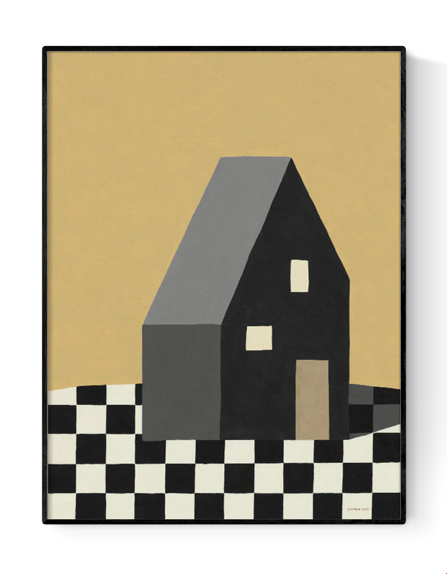 Minimalist house illustration titled “Home I” by MPGMB, featuring a geometric dark house on a black-and-white checkerboard surface with a warm beige background – modern art print on 250g paper, size 30x40 cm.