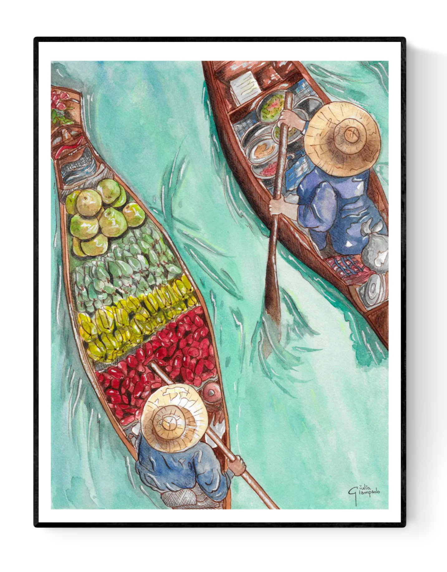 Watercolor art print by Giu Watercolor depicting two traditional wooden boats at an Asian floating market, filled with colorful fruit and food, 30 x 40 cm giclée print.