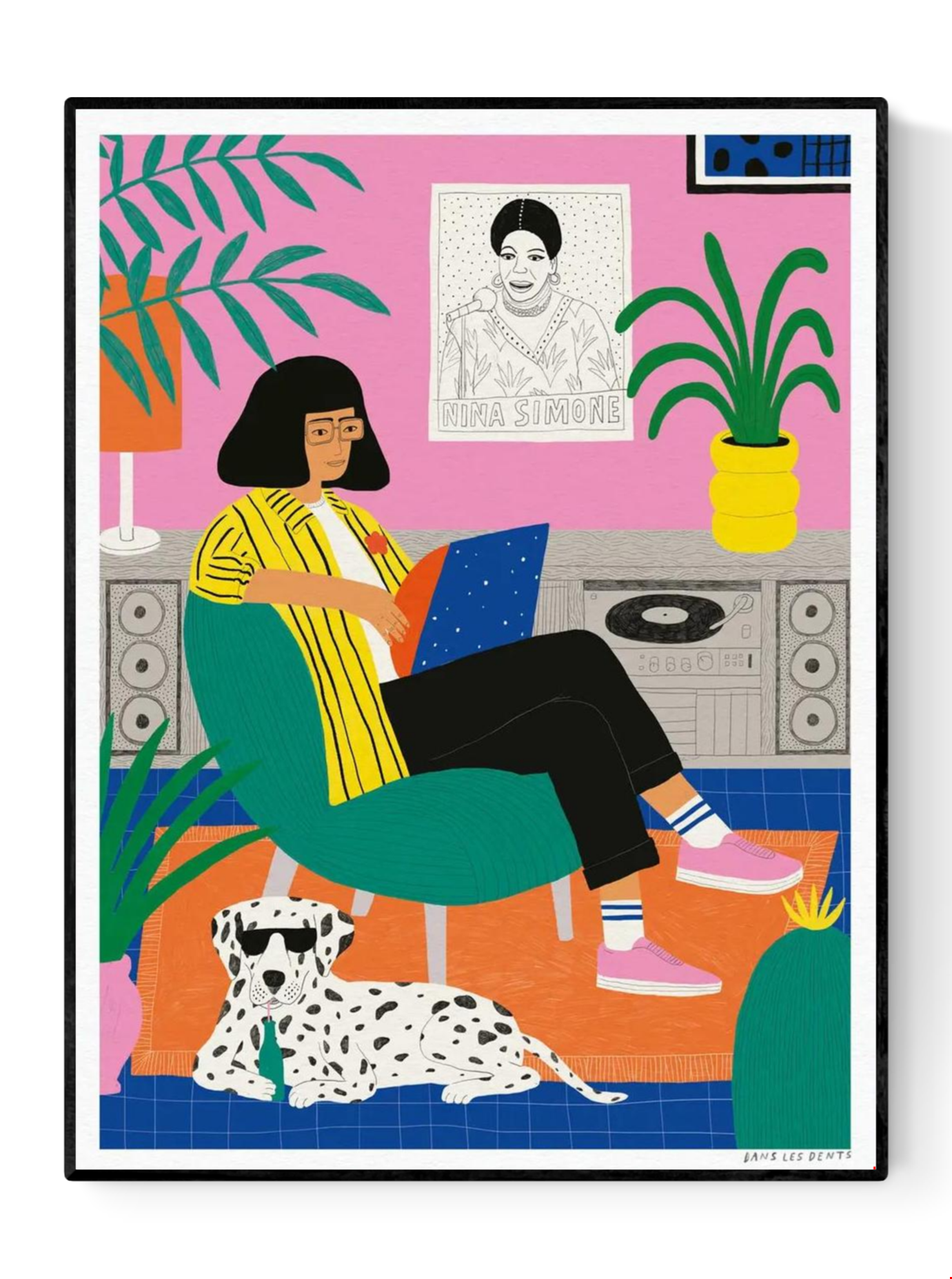 Illustration of a woman relaxing in a colorful living room with a Nina Simone poster, vinyl player, and Dalmatian dog wearing sunglasses; vibrant and playful art by Dans les Dents.