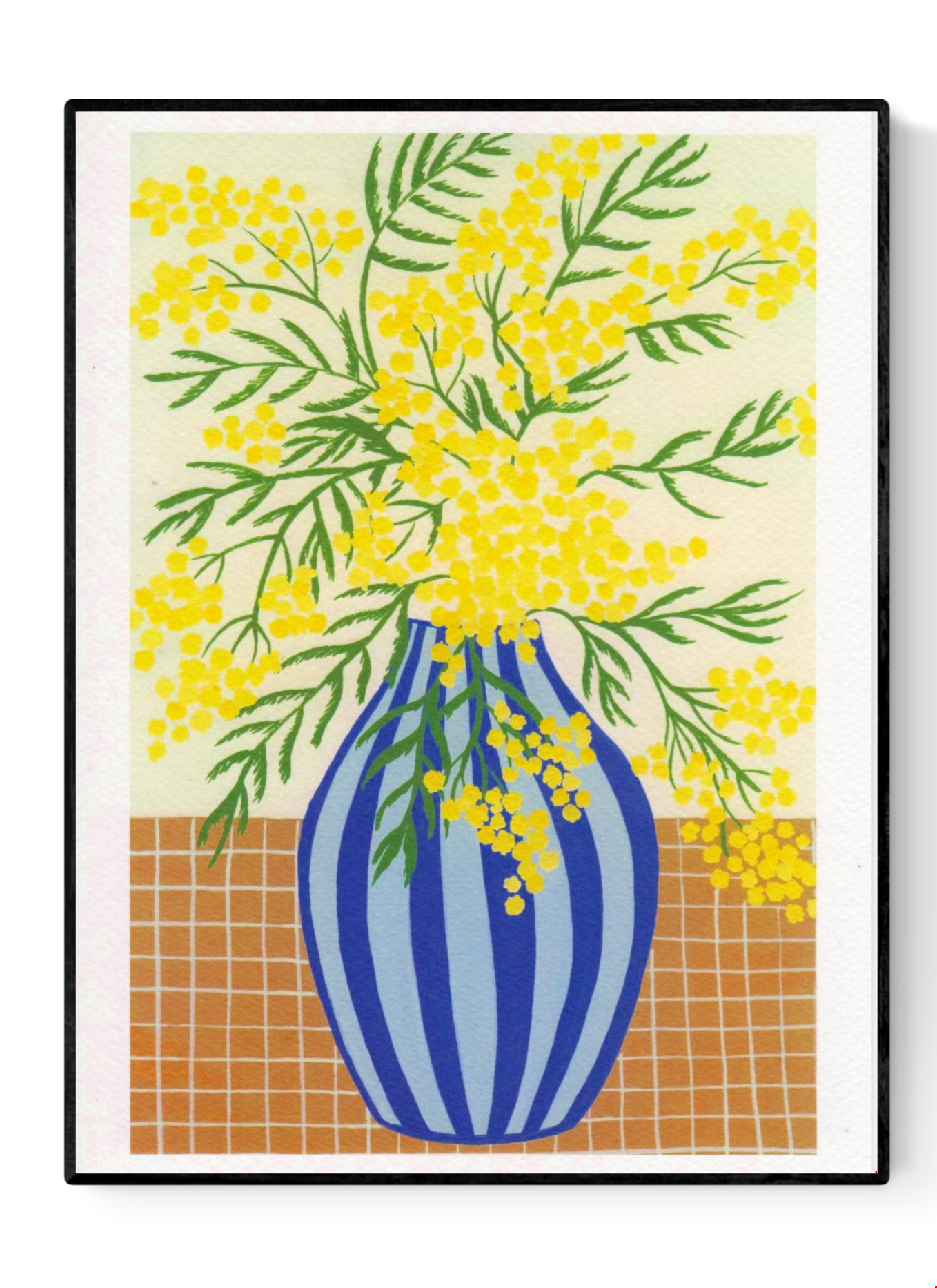 Botanical digital art print titled “Mimosa” by Belgian illustrator Leens, featuring vibrant yellow mimosa flowers in a blue striped vase on a tiled table, printed on textured fine art paper in A4 size.
