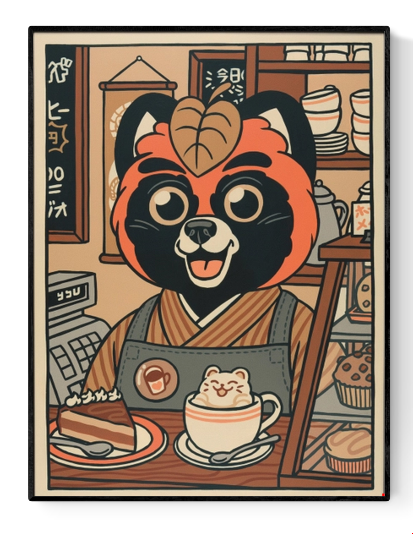 Playful illustration titled ‘Chez Jean-Paul’ by Yeaaah! Studio featuring an anthropomorphic red panda barista in a cozy Japanese-style café, serving a slice of cake and latte art with a smiling bear face. Rich in warm vintage tones and charming details, this whimsical artwork adds a fun, kawaii-inspired touch to any kitchen, coffee nook, or modern eclectic space—available at Galerie Frits