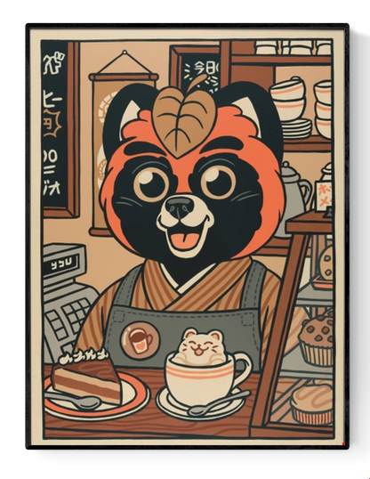Playful illustration titled ‘Chez Jean-Paul’ by Yeaaah! Studio featuring an anthropomorphic red panda barista in a cozy Japanese-style café, serving a slice of cake and latte art with a smiling bear face. Rich in warm vintage tones and charming details, this whimsical artwork adds a fun, kawaii-inspired touch to any kitchen, coffee nook, or modern eclectic space—available at Galerie Frits