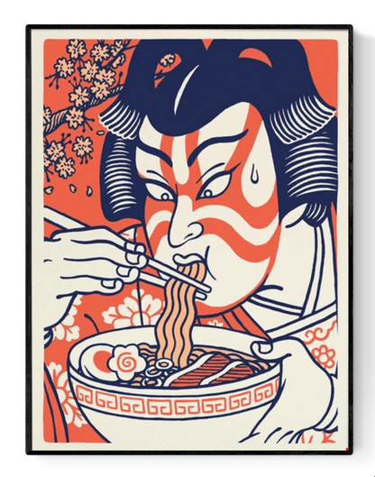 Illustrated art print of a Kabuki actor eating ramen in ukiyo-e style by Yeaaah! Studio – Japanese food illustration in bold colors, 30 x 40 cm art print made in France