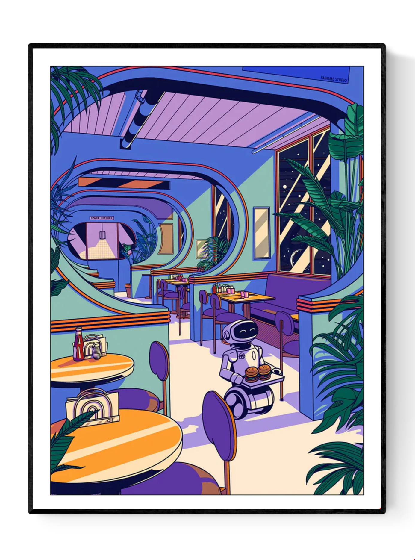 Colorful futuristic café scene illustrated by Paiheme Studio, featuring a cute robot waiter serving coffee in a retro sci-fi diner with tropical plants, neon purple and green walls, rounded architectural windows, and starlit sky views – Japanese pop art style, printed on 30x40 cm matte paper.