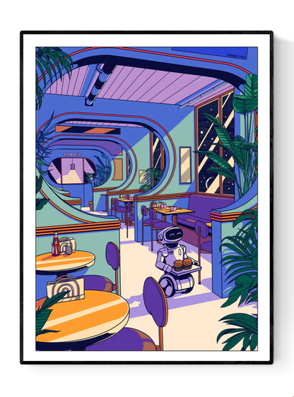 Colorful futuristic café scene illustrated by Paiheme Studio, featuring a cute robot waiter serving coffee in a retro sci-fi diner with tropical plants, neon purple and green walls, rounded architectural windows, and starlit sky views – Japanese pop art style, printed on 30x40 cm matte paper.