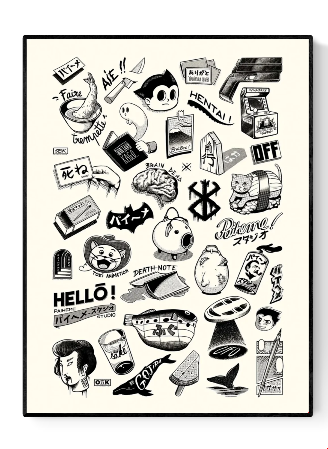 Japanese Premium Tattoos by Paiheme Studio, A3 (29.7 x 42 cm) black and white art print featuring retro Japanese tattoo-style illustrations, manga icons, playful cultural motifs, and bold graphic details. Printed on premium paper, unframed, shipped with protective sleeve and cardboard backing, perfect for fans of Japanese pop culture and tattoo-inspired artwork.