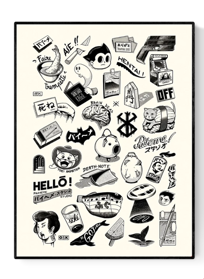 Japanese Premium Tattoos by Paiheme Studio, A3 (29.7 x 42 cm) black and white art print featuring retro Japanese tattoo-style illustrations, manga icons, playful cultural motifs, and bold graphic details. Printed on premium paper, unframed, shipped with protective sleeve and cardboard backing, perfect for fans of Japanese pop culture and tattoo-inspired artwork.