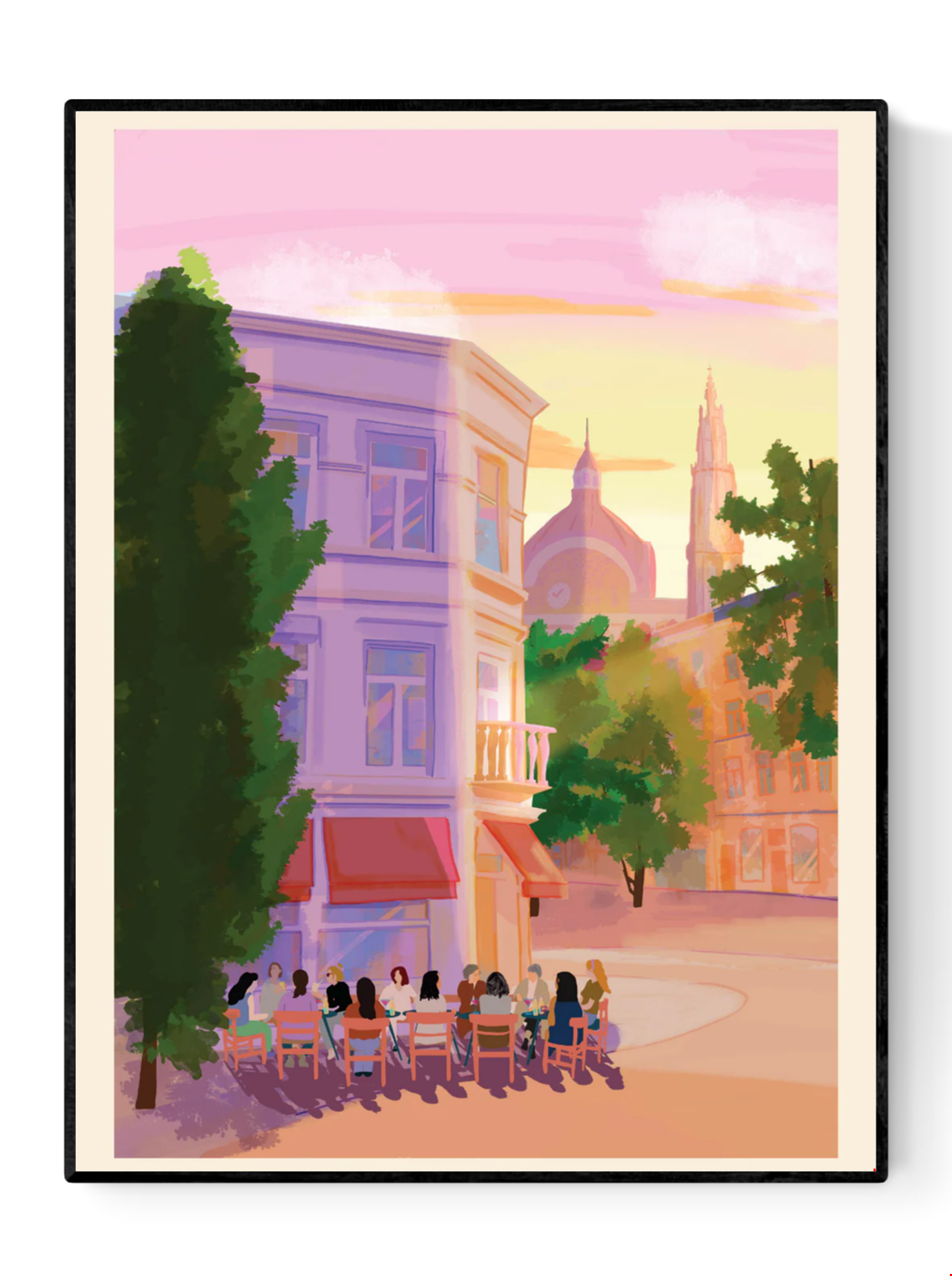 Digital A4 art print titled Terrasjes in Antwerpen by Valeria Maggiani, showing people enjoying a terrace in Antwerp at sunset with pink skies and cathedral in the background. Printed in Belgium under the artist’s supervision. Ideal for urban and travel-inspired home decor.