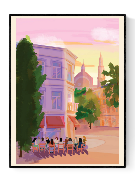 Digital A4 art print titled Terrasjes in Antwerpen by Valeria Maggiani, showing people enjoying a terrace in Antwerp at sunset with pink skies and cathedral in the background. Printed in Belgium under the artist’s supervision. Ideal for urban and travel-inspired home decor.