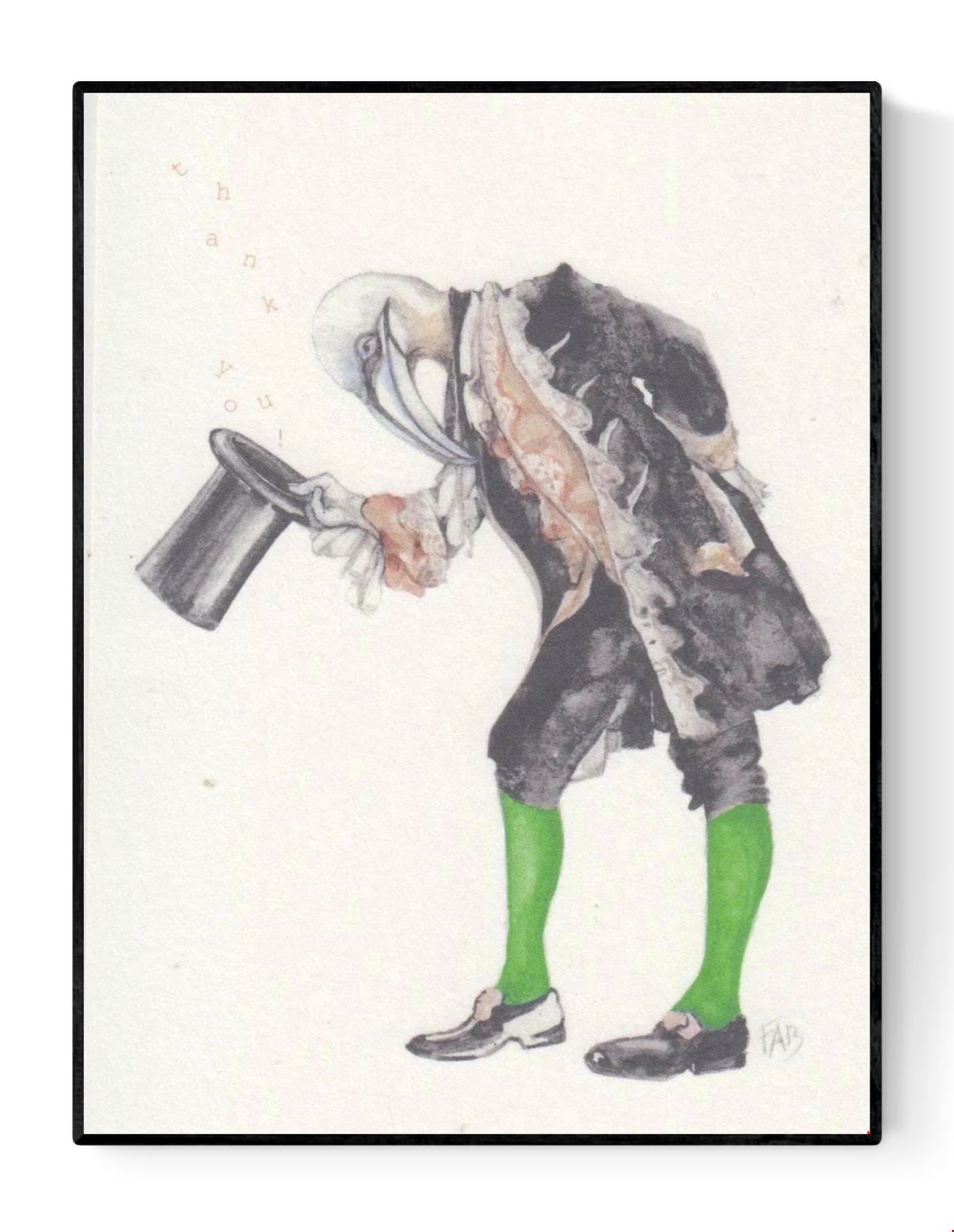 Thank You art card by Belgian artist FAB, A6 size (10.5 x 14.8 cm) printed on 300g Munken Pure Rough paper, featuring a whimsical anthropomorphic bird in vintage clothing bowing with a top hat, painted in soft watercolor tones.