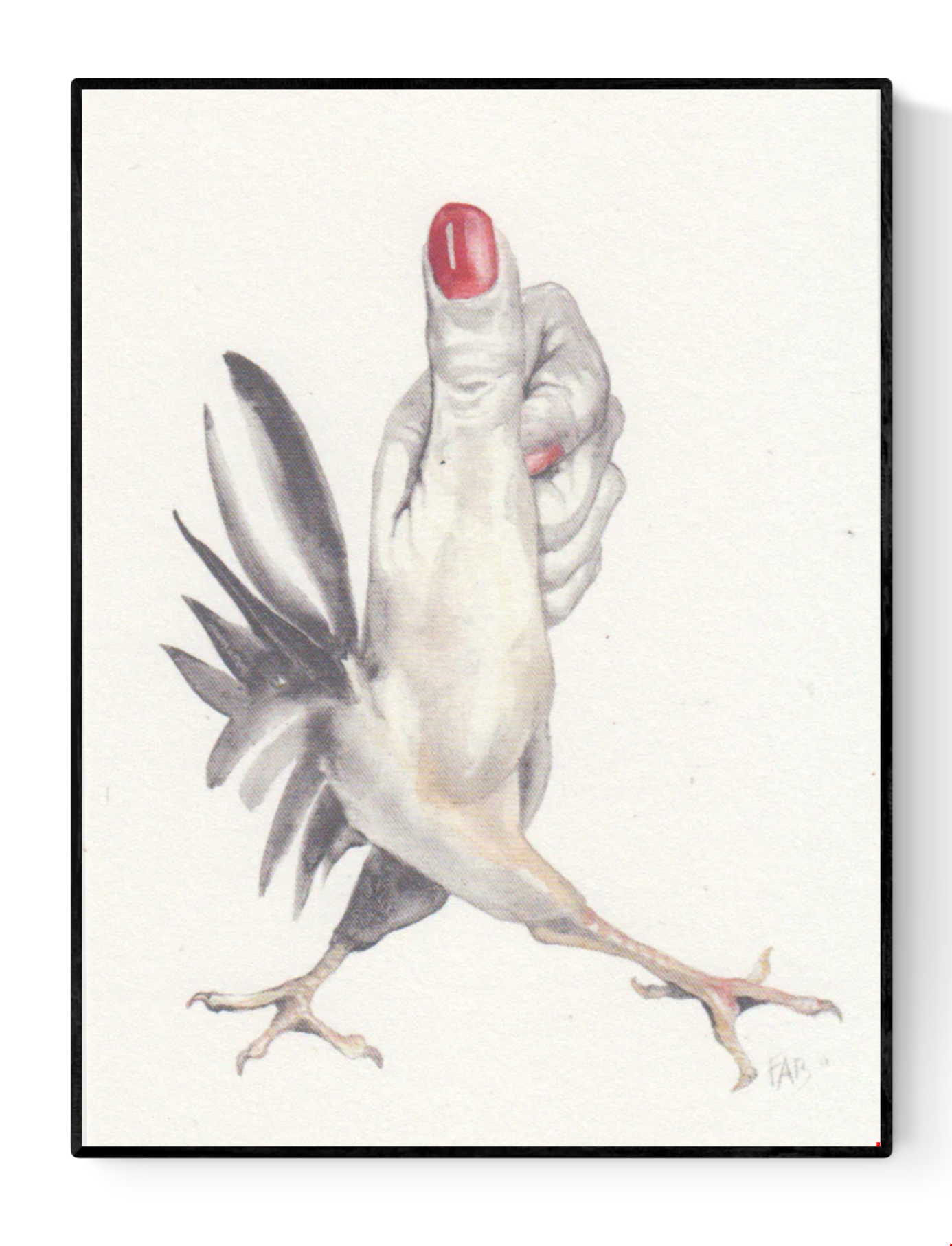 Surreal art print 'Thumb' by FAB showing a playful hybrid of a human thumb with red nail polish transformed into a dancing chicken with feathers and legs — humorous and imaginative contemporary illustration for collectors of quirky surreal art