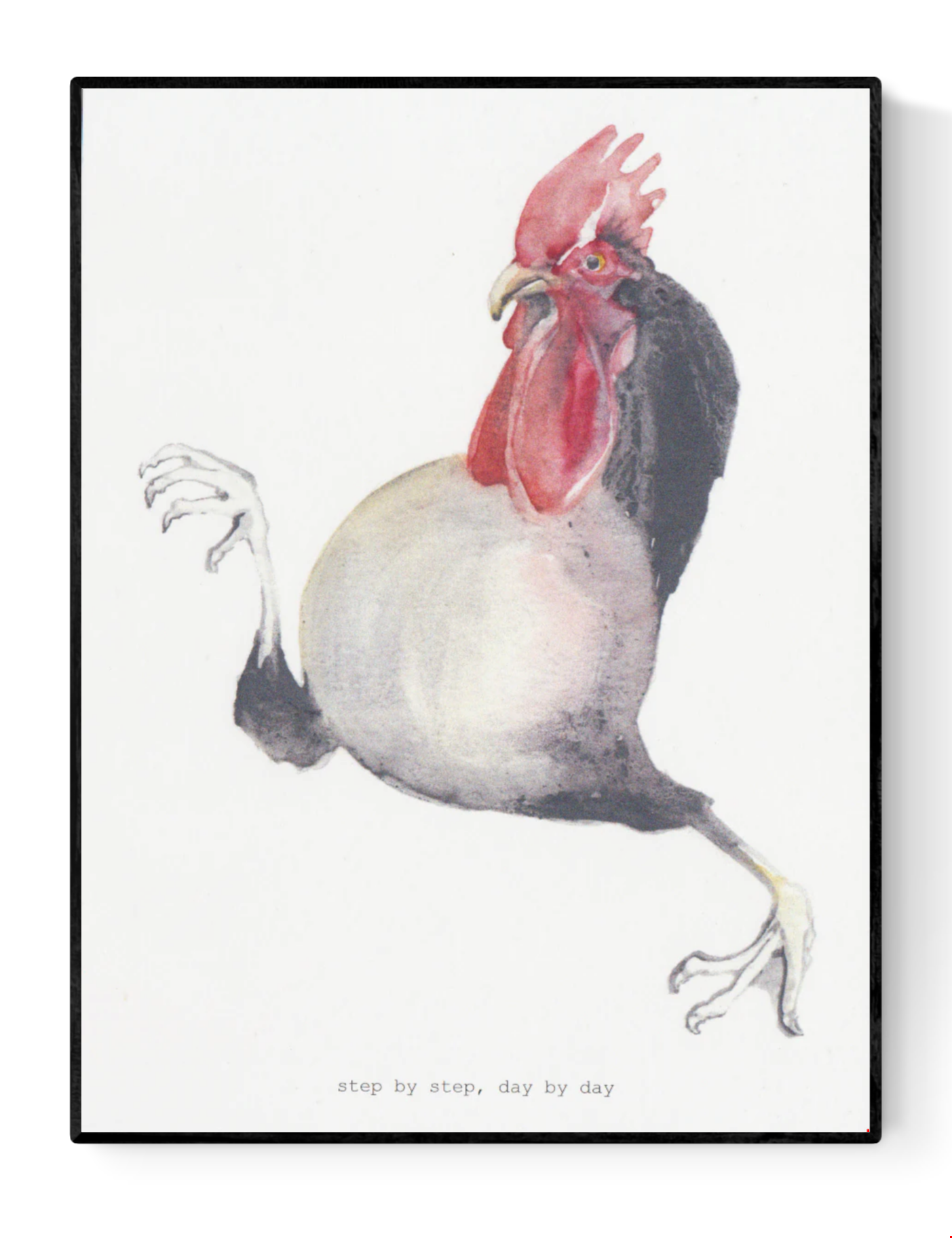 Surreal art print of a quirky rooster in mid-step with human-like legs, titled “Step by Step, Day by Day” by Belgian illustrator FAB (Fabienne Verhulsel). A humorous and minimalist A5 artwork printed on 300g Munker Pure rough paper, perfect for collectors of surreal and whimsical art in Belgium, the Netherlands, France, and Germany.
