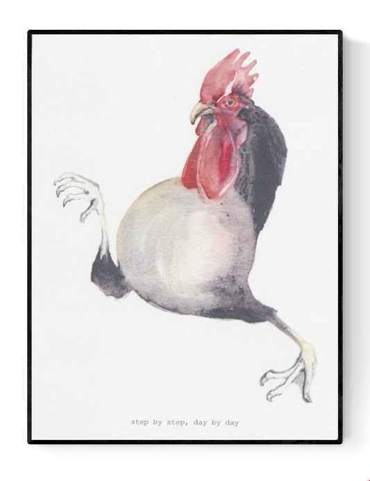 Surreal art print of a quirky rooster in mid-step with human-like legs, titled “Step by Step, Day by Day” by Belgian illustrator FAB (Fabienne Verhulsel). A humorous and minimalist A5 artwork printed on 300g Munker Pure rough paper, perfect for collectors of surreal and whimsical art in Belgium, the Netherlands, France, and Germany.