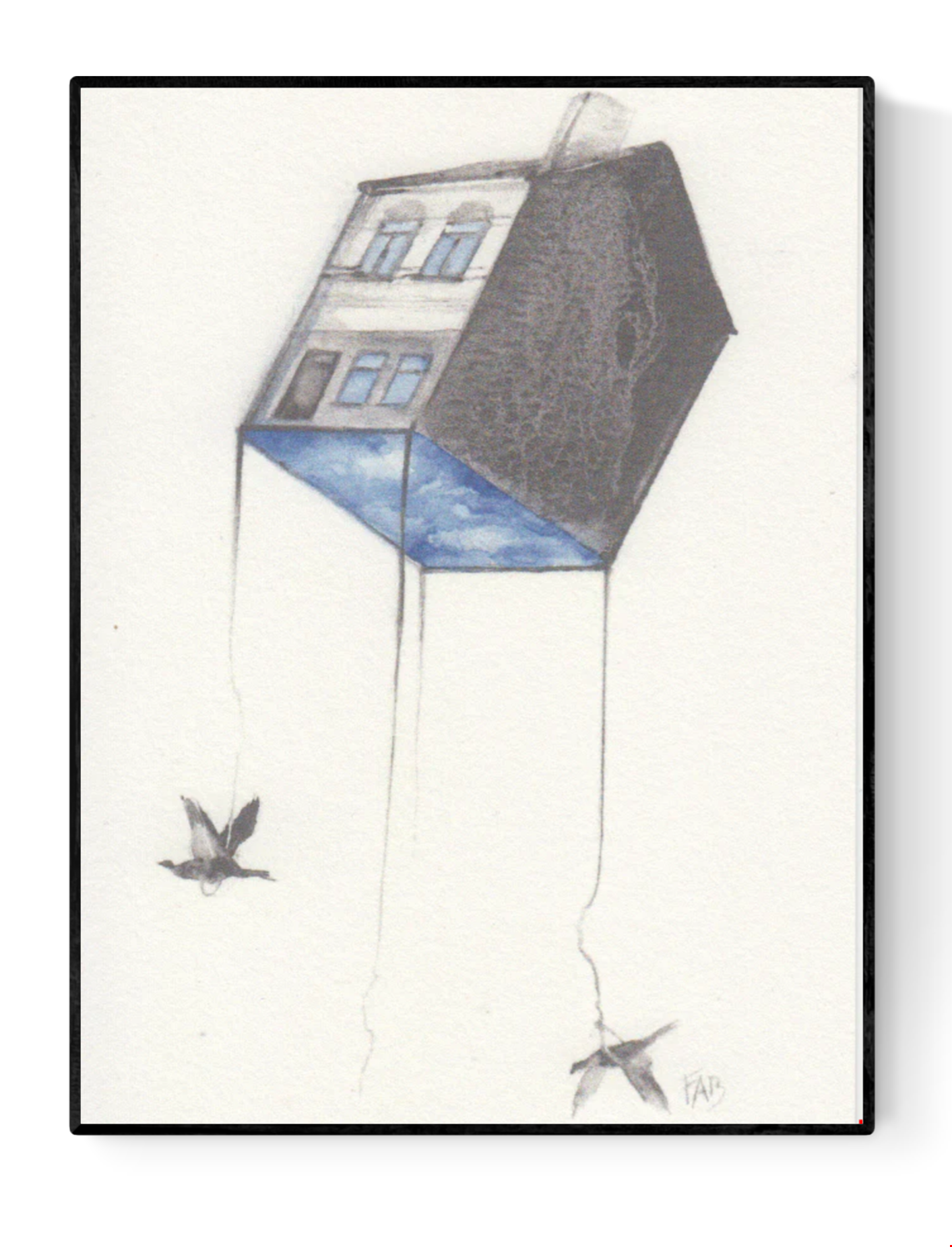 Surreal minimalist illustration of a floating house carried by birds – Moving by FAB, Belgian artist Fabienne Verhulsel, A6 fine art print.