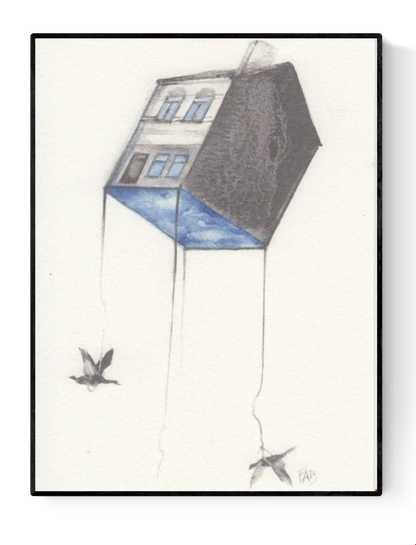 Surreal minimalist illustration of a floating house carried by birds – Moving by FAB, Belgian artist Fabienne Verhulsel, A6 fine art print.