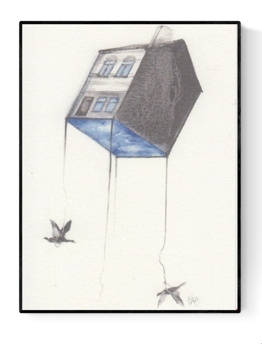 Surreal minimalist illustration of a floating house carried by birds – Moving by FAB, Belgian artist Fabienne Verhulsel, A6 fine art print.