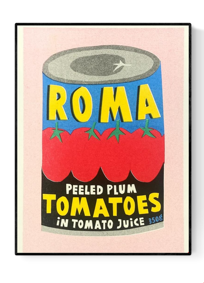 Risograph art print of a colorful Roma plum tomato can by We Are Out Of Office, printed with soy ink on 300g Biotop paper – quirky pop art kitchen wall decor in red, blue, and yellow, ideal for food lovers and design enthusiasts.