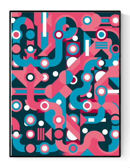 Colorful abstract geometric art print with flowing blue and pink lines, circles, and shapes forming a maze-like pattern. Modern wall art by Belgian illustrator Gert Paenen of Studio Frits, perfect for contemporary interiors and design lovers.