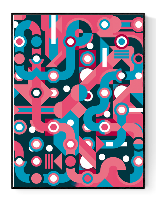 Colorful abstract geometric art print with flowing blue and pink lines, circles, and shapes forming a maze-like pattern. Modern wall art by Belgian illustrator Gert Paenen of Studio Frits, perfect for contemporary interiors and design lovers.