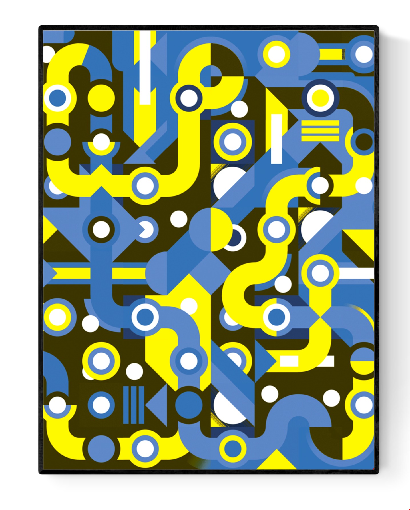 Colorful abstract geometric art print with flowing blue and yellow lines, circles, and shapes forming a maze-like pattern. Modern wall art by Belgian illustrator Gert Paenen of Studio Frits, perfect for contemporary interiors and design lovers.