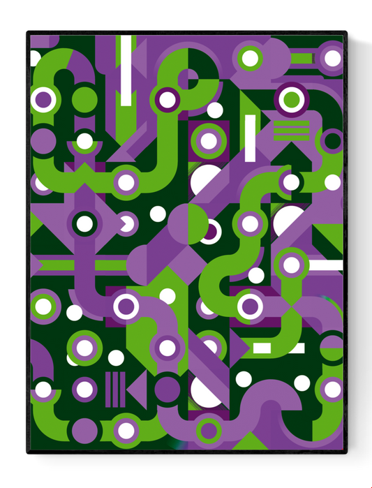 Colorful abstract geometric art print with flowing green and purple lines, circles, and shapes forming a maze-like pattern. Modern wall art by Belgian illustrator Gert Paenen of Studio Frits, perfect for contemporary interiors and design lovers.