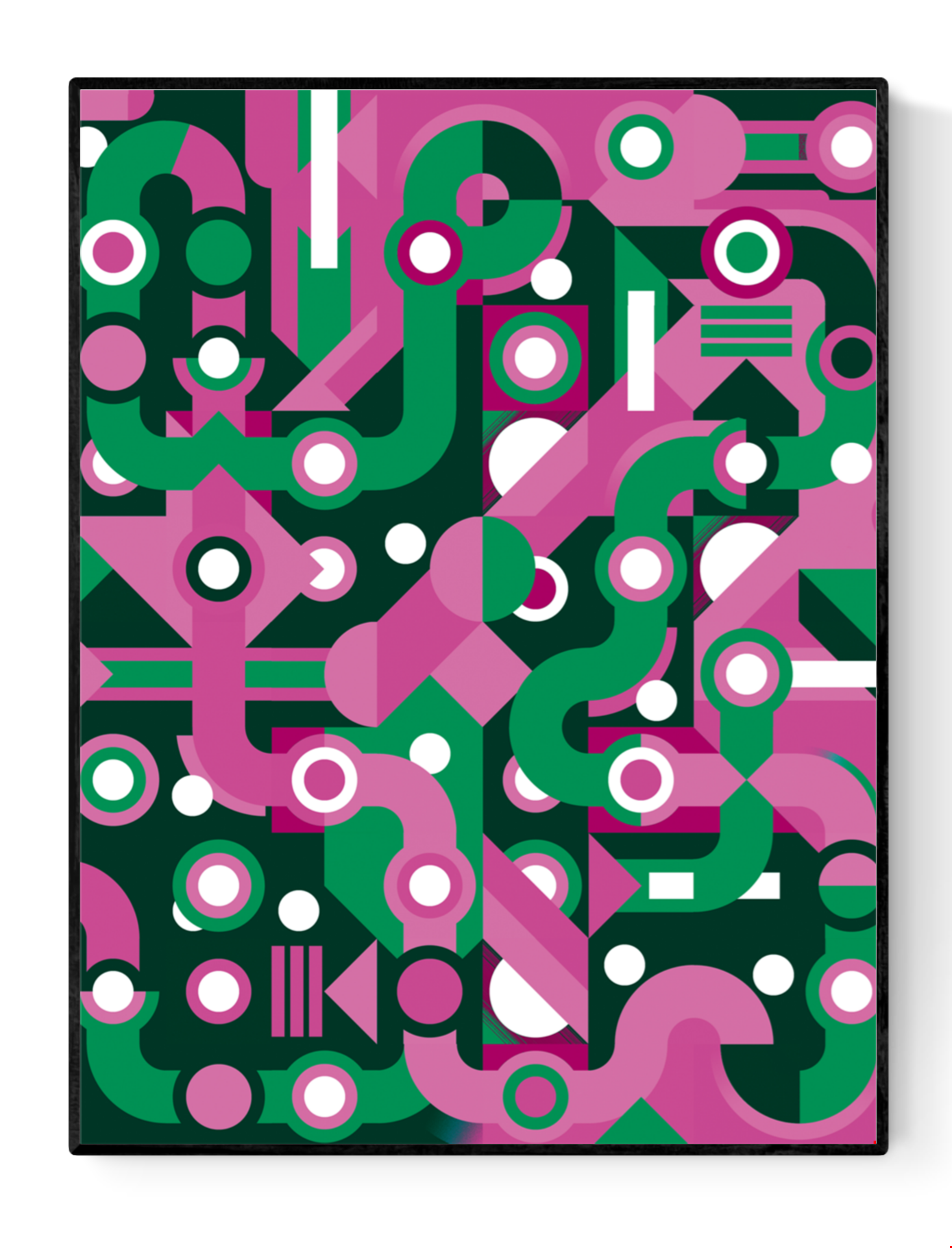 Colorful abstract geometric art print with flowing green and pink lines, circles, and shapes forming a maze-like pattern. Modern wall art by Belgian illustrator Gert Paenen of Studio Frits, perfect for contemporary interiors and design lovers.
