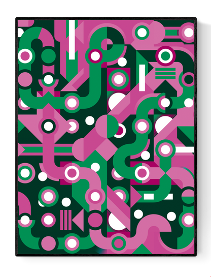 Colorful abstract geometric art print with flowing green and pink lines, circles, and shapes forming a maze-like pattern. Modern wall art by Belgian illustrator Gert Paenen of Studio Frits, perfect for contemporary interiors and design lovers.