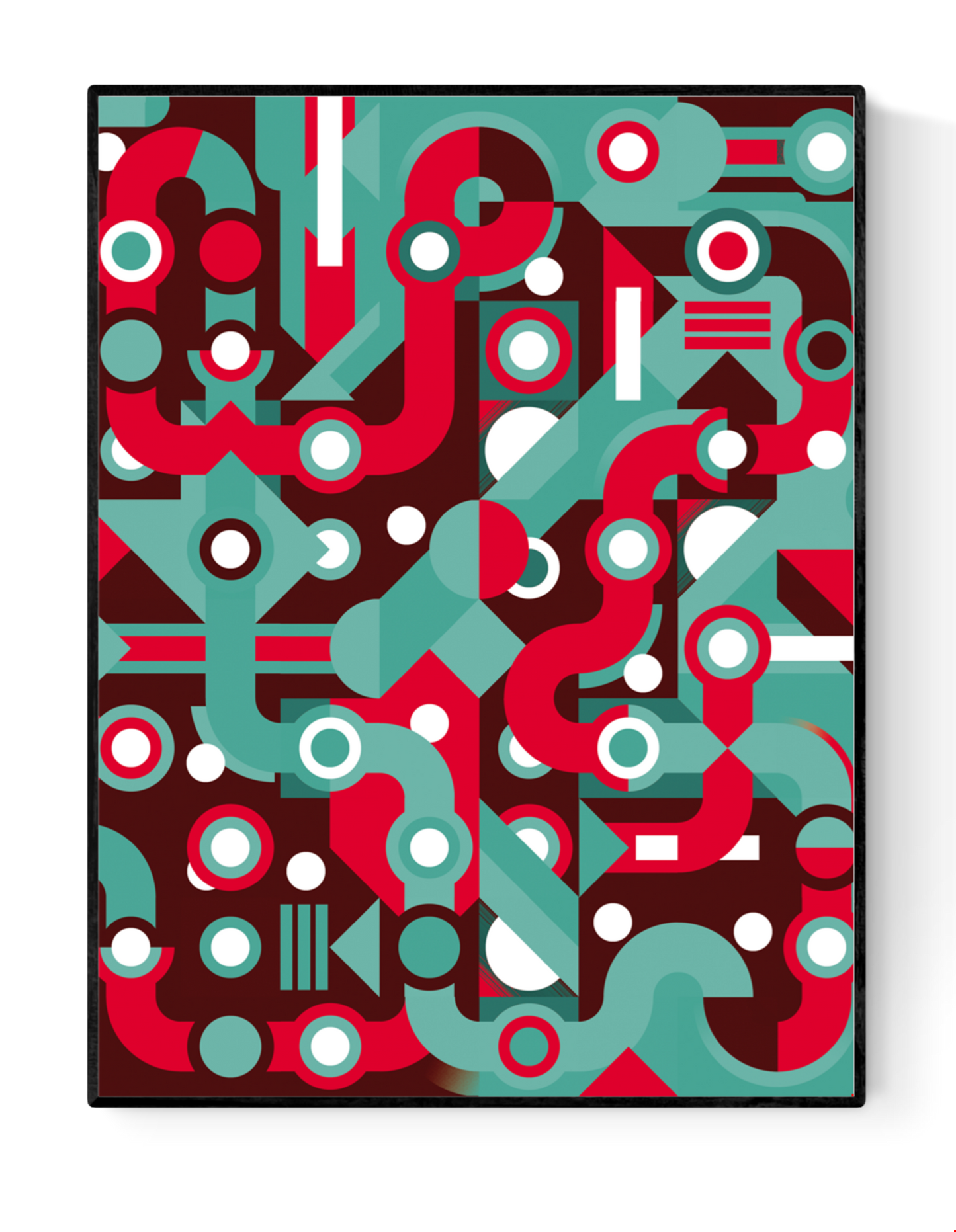 Colorful abstract geometric art print with flowing teal and red lines, circles, and shapes forming a maze-like pattern. Modern wall art by Belgian illustrator Gert Paenen of Studio Frits, perfect for contemporary interiors and design lovers.