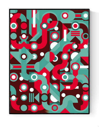 Colorful abstract geometric art print with flowing teal and red lines, circles, and shapes forming a maze-like pattern. Modern wall art by Belgian illustrator Gert Paenen of Studio Frits, perfect for contemporary interiors and design lovers.