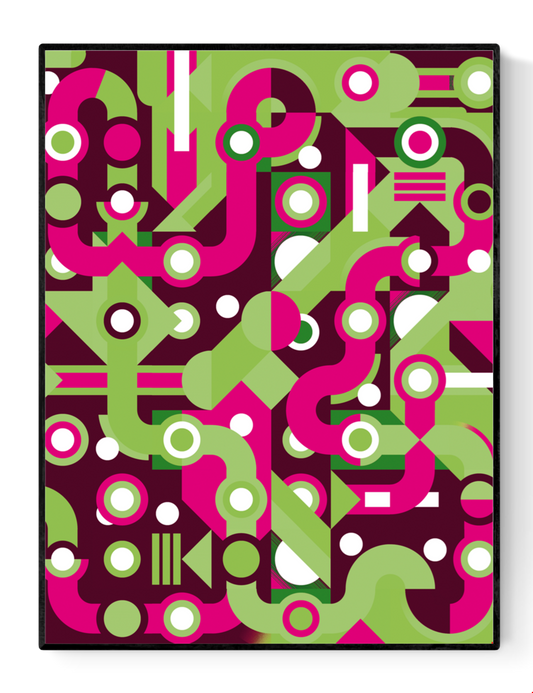 Colorful abstract geometric art print with flowing fuchsia and green lines, circles, and shapes forming a maze-like pattern. Modern wall art by Belgian illustrator Gert Paenen of Studio Frits, perfect for contemporary interiors and design lovers.