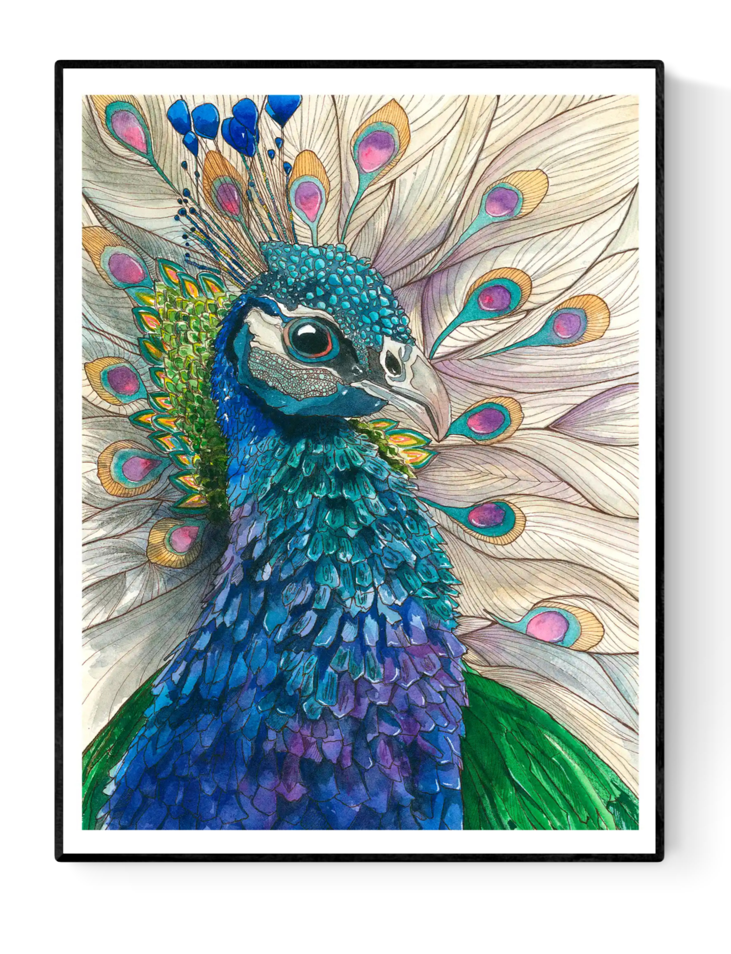 Detailed watercolor illustration of a vibrant blue and green peacock with open tail feathers – Peacock by Giu Watercolor, 30 x 40 cm giclée art print made in Belgium.