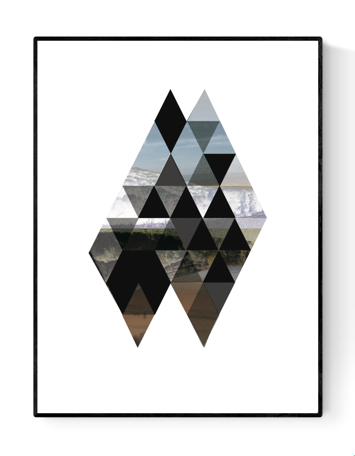 Minimalist geometric art print “Kulle” by Studio Frits, inspired by Swedish landscapes. Triangular composition mixing soft natural tones, photography, and modern Scandinavian design. Perfect wall art for contemporary, Nordic-style interiors.