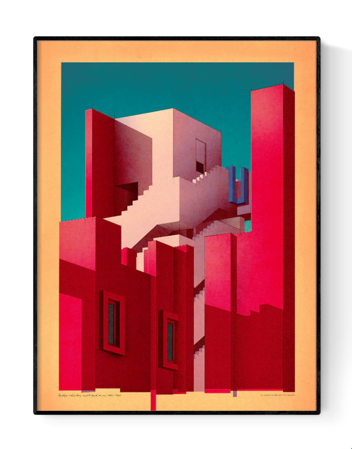 Digital architectural illustration of Ricardo Bofill’s La Muralla Roja with bold red facades, staircases, and shadows under a teal sky – art print by Studio Sander Patelski, 30 x 40 cm, modernist tribute for design lovers.