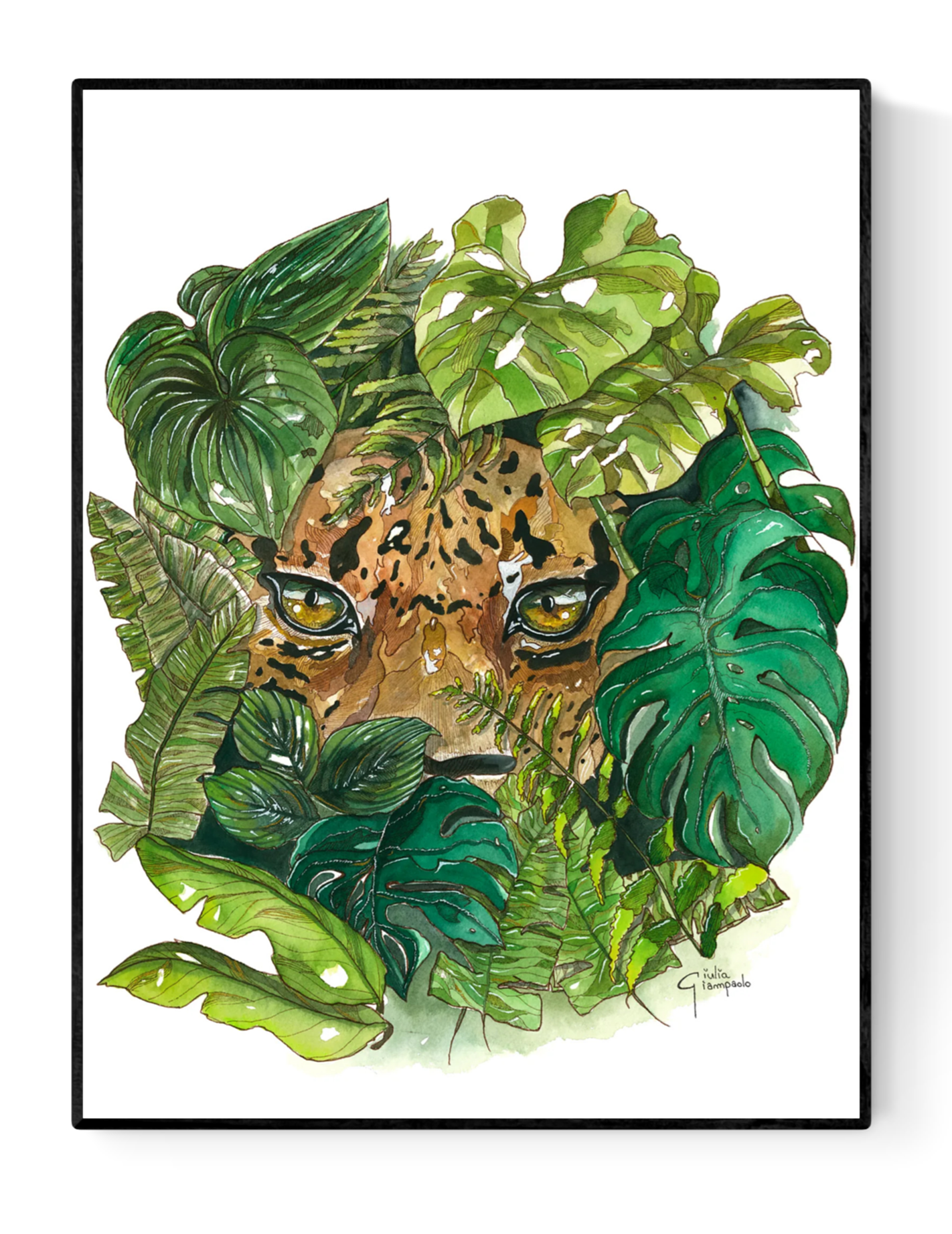 Watercolor illustration of a leopard hiding in lush green tropical jungle foliage, fine art print by Giu Watercolor – nature-inspired wall art with realistic details and vibrant botanical theme.