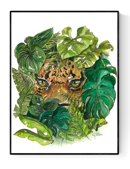 Watercolor illustration of a leopard hiding in lush green tropical jungle foliage, fine art print by Giu Watercolor – nature-inspired wall art with realistic details and vibrant botanical theme.