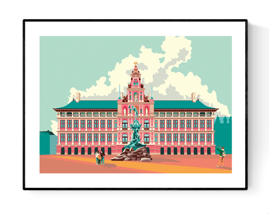 City Hall Antwerp digital art print by Studio Frits – colorful illustration of the Antwerp Stadhuis and Brabo fountain, in a bold graphic style on 300g fine art paper, made in Belgium.