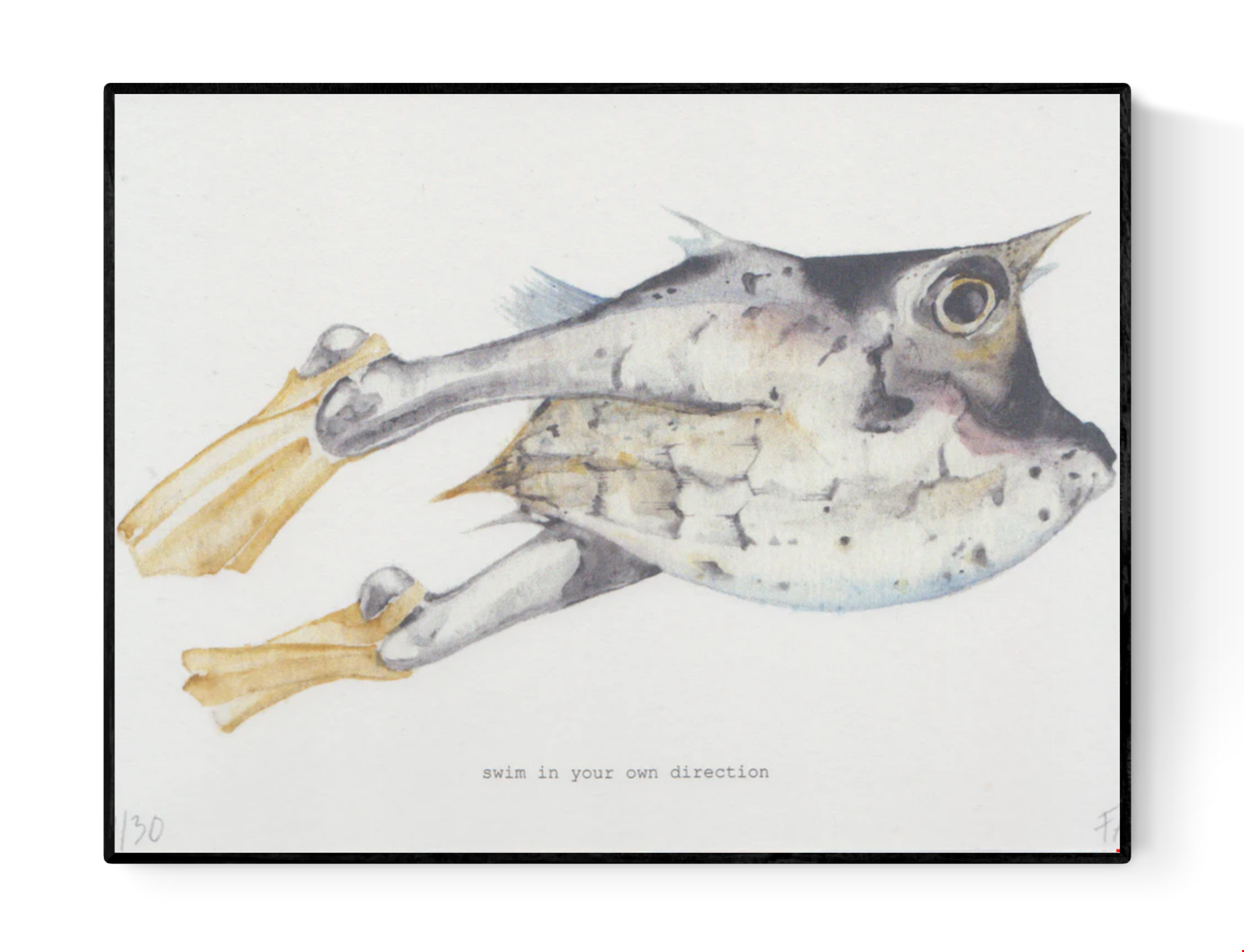 Surreal A5 art print titled Swim in your own direction by Belgian illustrator FAB. Features a watercolor fish with human legs and yellow fins, paired with the quote "Swim in your own direction". Printed on 300g Munker Pure rough paper, ideal for unique and inspirational home decor.