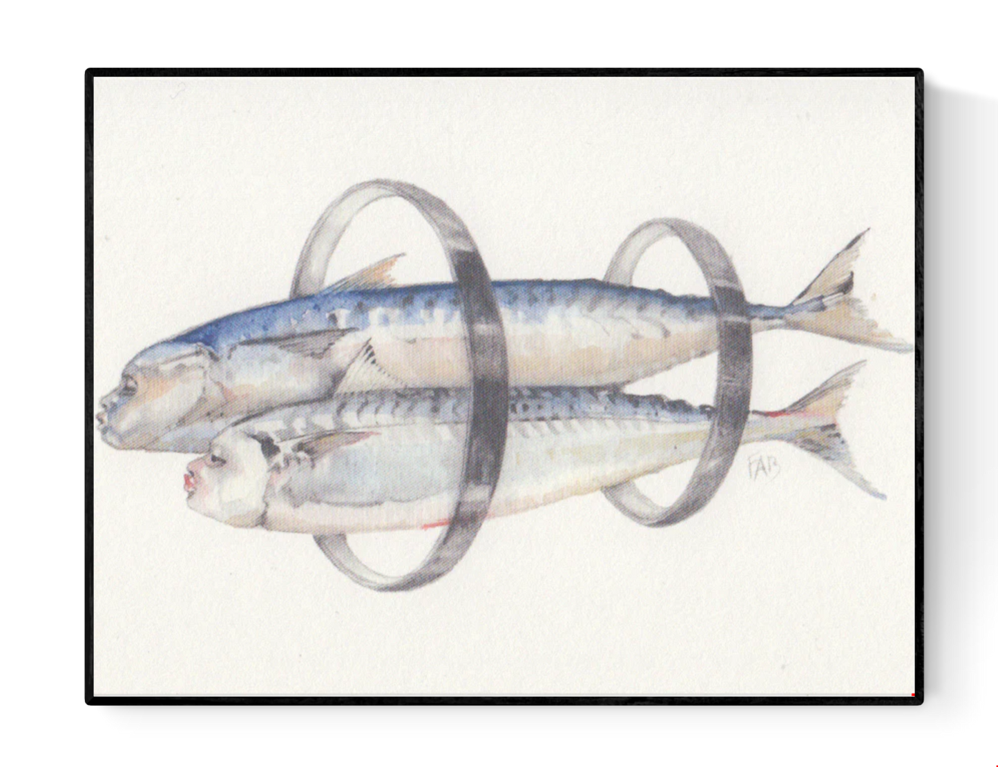 A6 surreal watercolor print by Belgian artist FAB showing two sardines pierced by metallic rings on textured 300g Munken Pure paper — minimalist and conceptual fish-themed art.