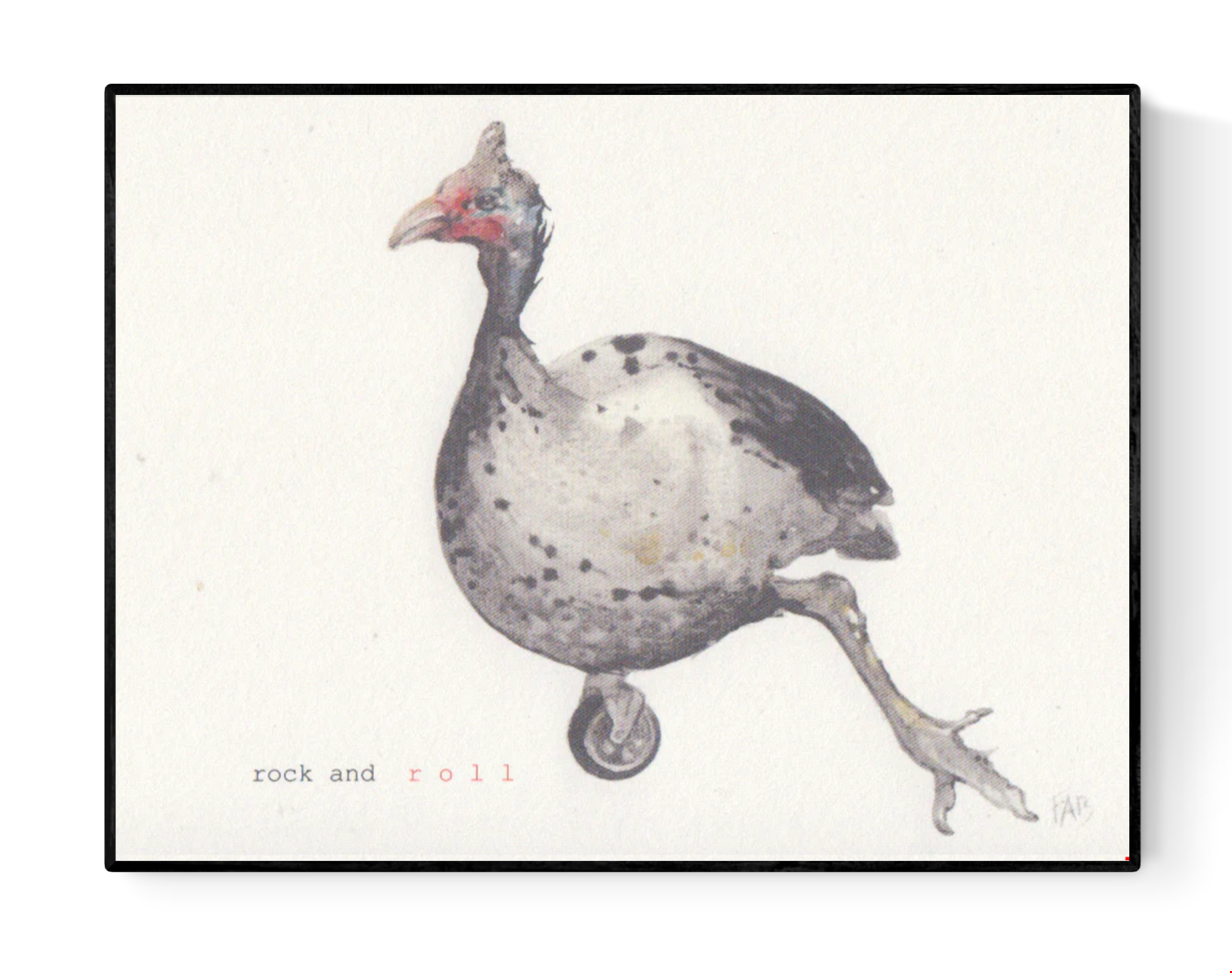 Surrealist illustration of a spotted guinea fowl balancing on a single wheel with the phrase "rock and roll" – small format art print by Belgian artist FAB, A6 size on textured paper.