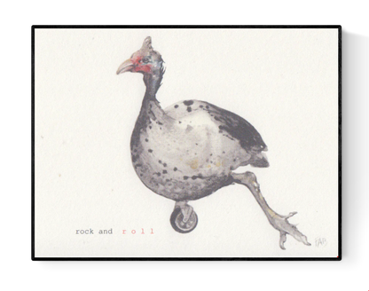 Surrealist illustration of a spotted guinea fowl balancing on a single wheel with the phrase "rock and roll" – small format art print by Belgian artist FAB, A6 size on textured paper.