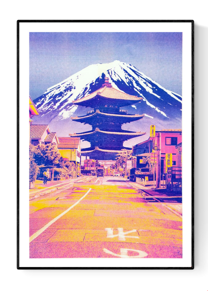Japanese neon collage art print of Gokoyama road with pagoda and Mount Fuji in the background, vibrant pink-yellow-purple risograph-style colours, modern Japanese street scene artwork, contemporary Japan wall art for home décor, PTRVRKD illustration.