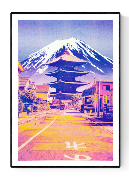 Japanese neon collage art print of Gokoyama road with pagoda and Mount Fuji in the background, vibrant pink-yellow-purple risograph-style colours, modern Japanese street scene artwork, contemporary Japan wall art for home décor, PTRVRKD illustration.