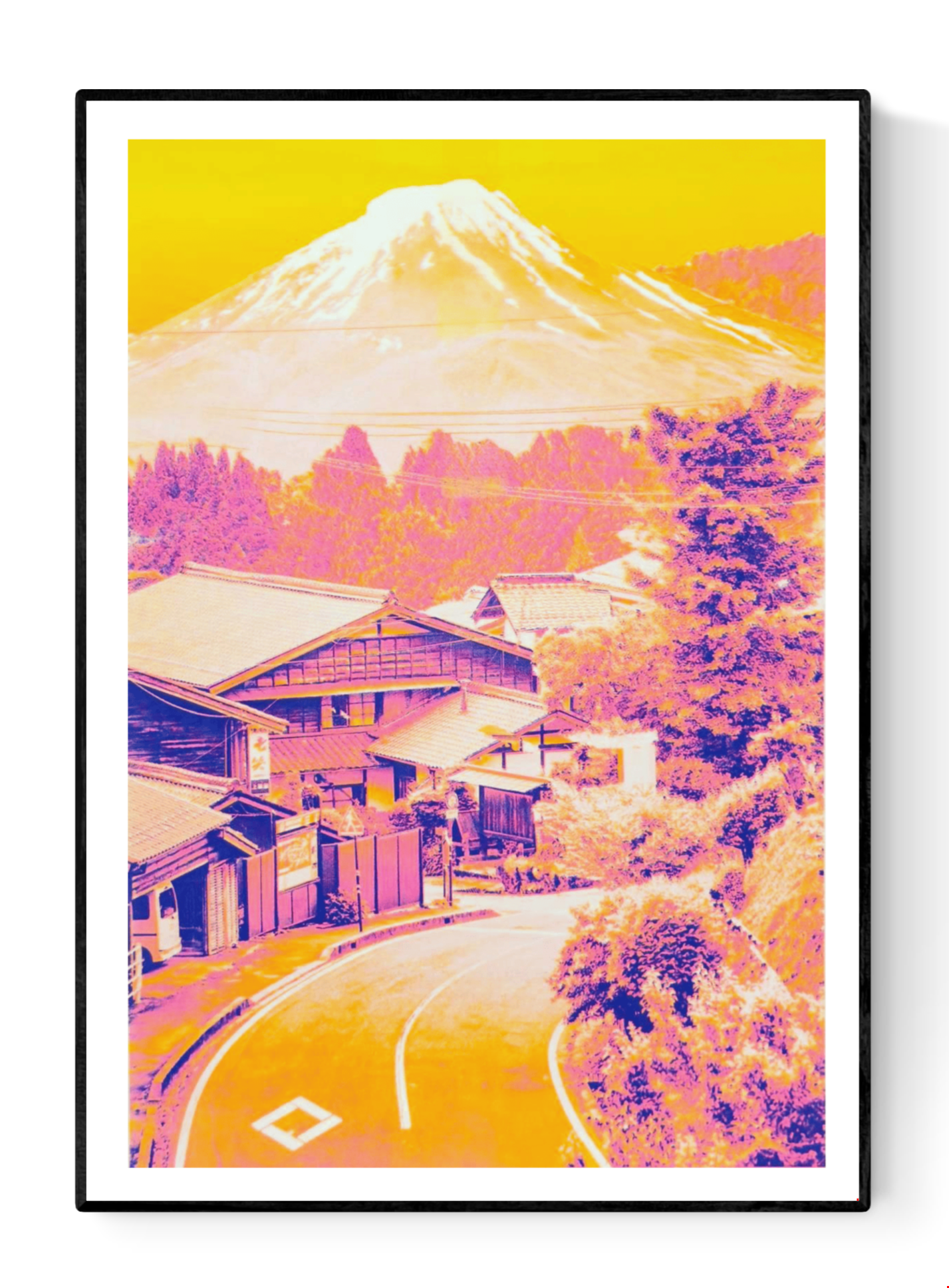 Japanese collage risograph print by PTRVRKD featuring a vibrant Fuji landscape in neon yellow and pink tones; A3 limited-edition artwork on Munken Pure Rough paper; modern Japan-inspired wall art for home decor, design lovers, and contemporary art collectors.