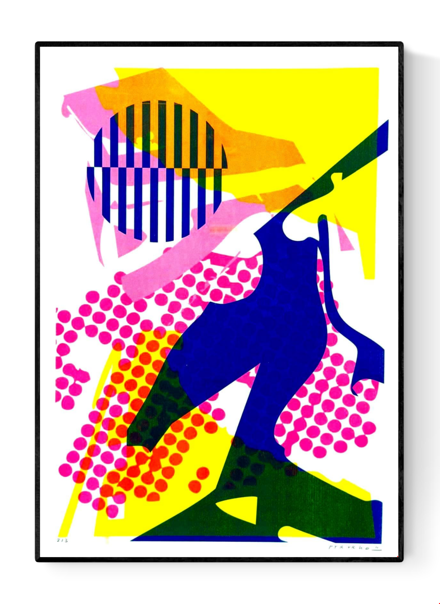 Colorful abstract risograph print by PTRVRKD featuring bold layered shapes in blue, pink and yellow, dynamic collage elements, contemporary graphic textures, limited edition A3 art print made in the Netherlands, modern wall art for vibrant home decor.