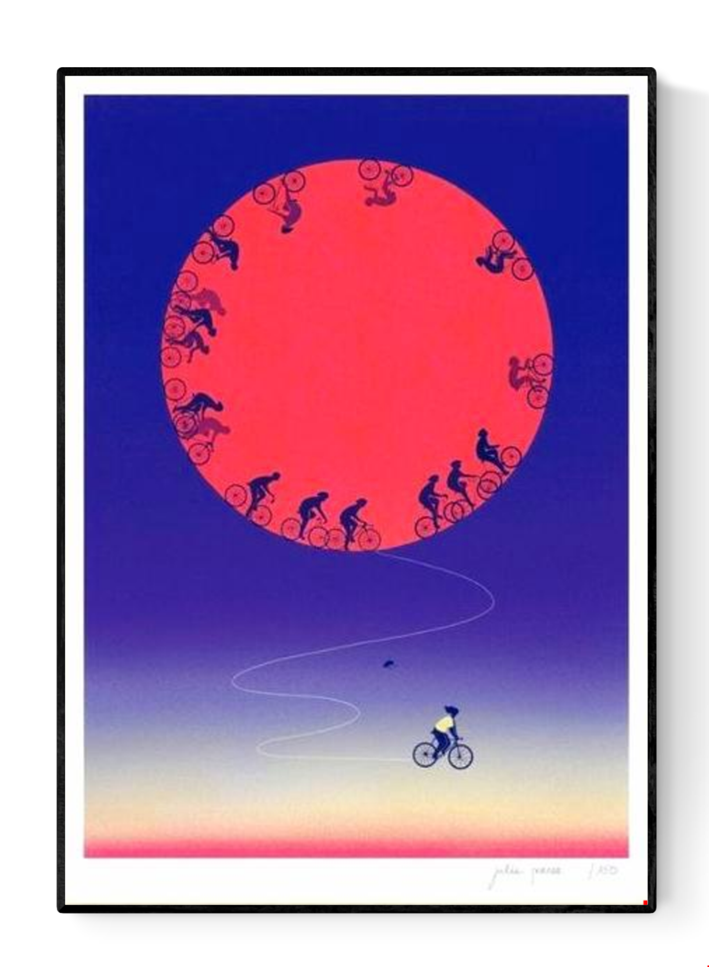 Limited edition A3 risograph print titled The Free Rider by Julie Pernet, featuring cyclists circling a bold red sun on a deep blue gradient background, printed in four colours on Munken Print White 150 g/m² paper, signed and numbered contemporary illustration made in Belgium.