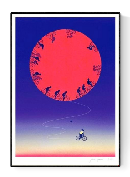 Limited edition A3 risograph print titled The Free Rider by Julie Pernet, featuring cyclists circling a bold red sun on a deep blue gradient background, printed in four colours on Munken Print White 150 g/m² paper, signed and numbered contemporary illustration made in Belgium.