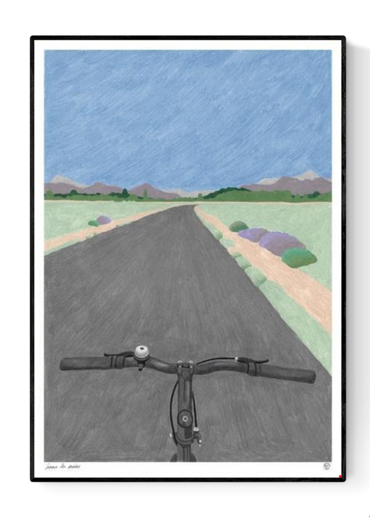 A3 limited edition risograph print titled “Sans les mains” by Belgian illustrator Téo Transinne, showing a calm road seen from a bicycle perspective, printed in three soft colours on Munken Print White paper, numbered and signed contemporary illustration.