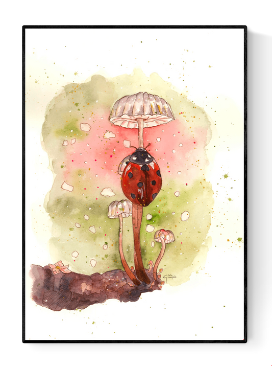 Watercolor illustration of a red ladybug standing on tall mushrooms, painted by Giu in a soft, whimsical style, A4 art print for modern wall art, kids room decor, and nature-inspired interiors.